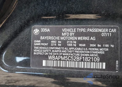 2011 BMW 335I z USA, uszkodzony, nr VIN WBAPM5C52BF182109